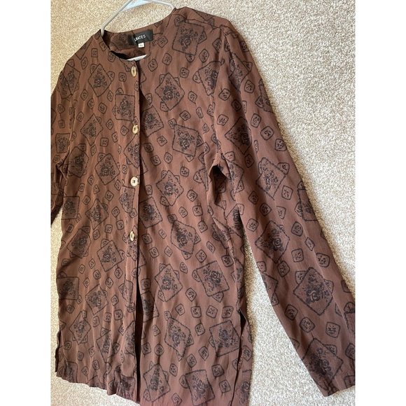 Vintage L. Bates Brown Floral Long Sleeve Button Up Tunic Shirt Sz L - Picture 2 of 7